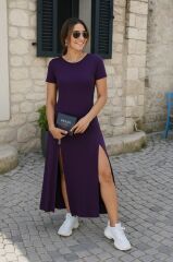 Kadın Kısa Kollu Sırt Dekolteli Yırtmaç Detaylı Viskon Elbise