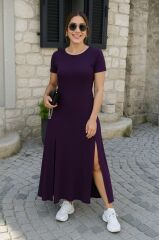 Kadın Kısa Kollu Sırt Dekolteli Yırtmaç Detaylı Viskon Elbise