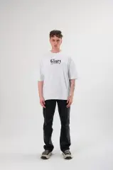 Unisex Bisiklet Yaka Baskılı Oversize T-Shirt - Siyah