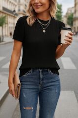 Kadın Kısa Kollu Yaka Detay Triko Bluz