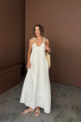 ASKILI UZUN SALAŞ MÜSLİN ELBİSE - Beyaz