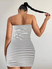 Kadın Kaşkorse Kumaş Çizgi Desenli Mini Elbise
