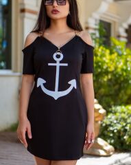 Fermuar Detay çıpa Baskılı Zincir Askılı Viskon Elbise