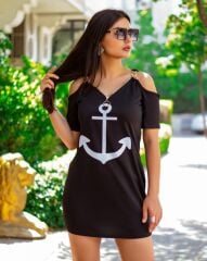 Fermuar Detay çıpa Baskılı Zincir Askılı Viskon Elbise