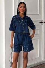 Taş Detaylı Gömlek Şort Denim Takım 10175