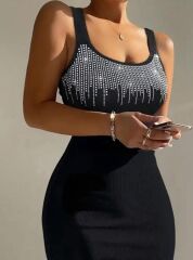 Kadın Omuz Askılı U Yaka Taş Detay Midi Boy Elbise