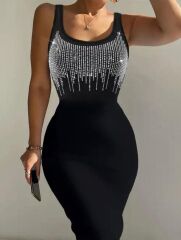 Kadın Omuz Askılı U Yaka Taş Detay Midi Boy Elbise