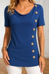 Kadın Kısa Kollu Yuvarlak Yaka Yandan Düğmeli Viskon Bluz