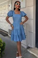 Kare Yakalı Ve Gipe Detaylı Tensel Elbise 2883