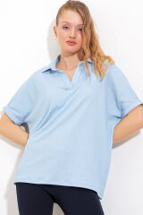Mavi Oversize Polo Yaka Örme Bluz 0486