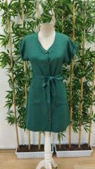 Kadın Kısa Kollu V Yakalı önden Düğmeli Belden Kuşaklı Cepli Sofya Elbise