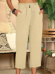 Kadın Bel Büzgü Ve Düğme Detay Kapri Keten Pantolon