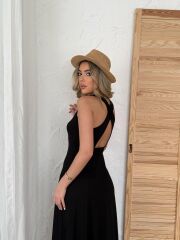 Kadın Arkadan çapraz Detay Yuvarlak Yaka Maksi Viskon Elbise