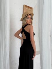 Kadın Arkadan çapraz Detay Yuvarlak Yaka Maksi Viskon Elbise