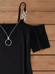 Kadın Askılı önü Fermuarlı Asimetrik Kesim Detaylı Kalın Fitilli Kaşkorse Elbise