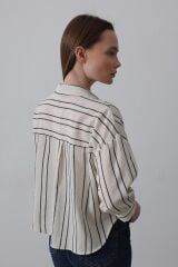 Çizgili Kısa Gömlek - Bej-Lacivert