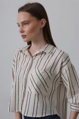 Çizgili Kısa Gömlek - Bej-Lacivert