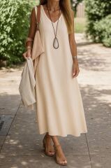 Kadın Kolsuz V Yakalı Maksi Boy Ithal Keten Elbise