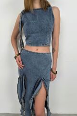 Fırfır Detay Denim Bluz