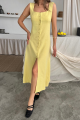 KETEN KOLSUZ KARE YAKA DÜĞME DETAYLI ELBİSE - Sarı