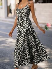 Kadın Askılı Yuvarlak Yaka Fırfırlı Desenli Uzun Bürümcük Elbise