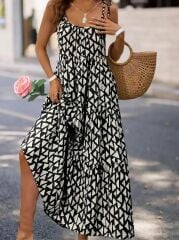 Kadın Askılı Yuvarlak Yaka Fırfırlı Desenli Uzun Bürümcük Elbise