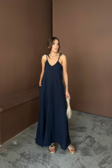 ASKILI UZUN SALAŞ MÜSLİN ELBİSE - Lacivert