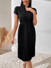 Kadın Kısa Kollu Hakim V Yakalı Pileli Janjan Krep Elbise