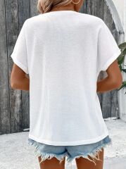 Kadın Kısa Kollu Yakası Açık önden Düğmeli Waffle Bluz