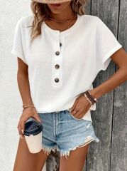 Kadın Kısa Kollu Yakası Açık önden Düğmeli Waffle Bluz