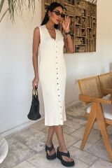 Önü Düğmeli Fitilli Kolsuz Elbise 2832