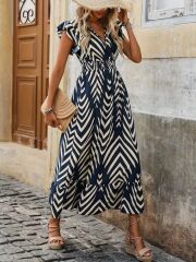 Kadın Kısa Kollu Kruvaze Yakalı Fırfırlı Süprem Elbise