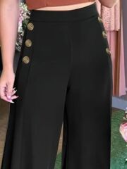 Kadın Yüksek Bel Yan Düğme Detaylı Geniş Paçalı Ithal Krep Pantolon