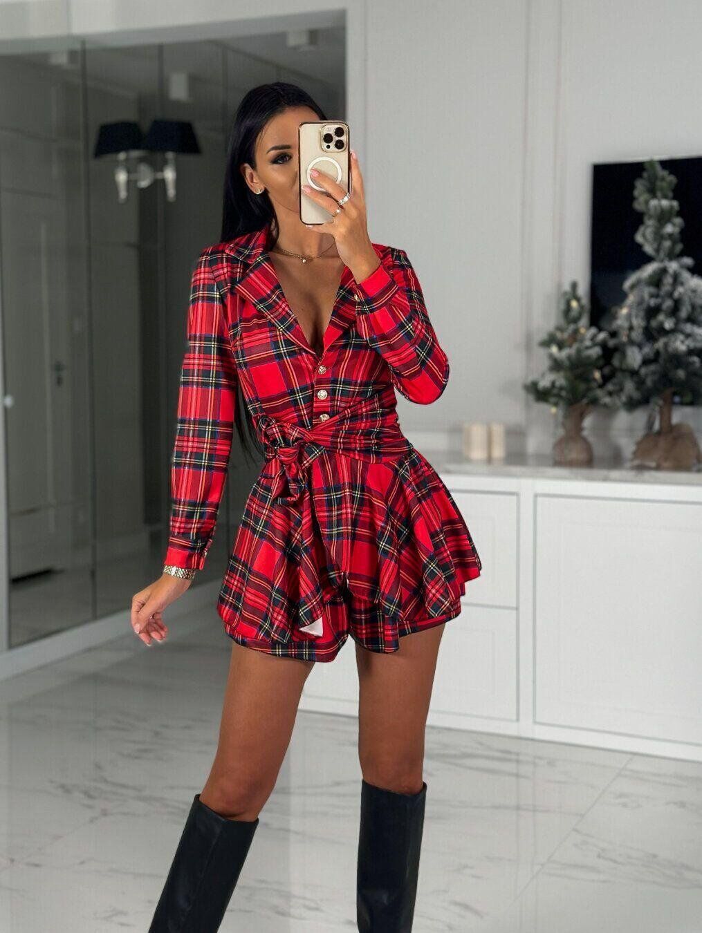 Kadın Scuba Kumaş Ekose Baskı şort Elbise