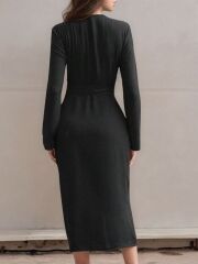 Kadın Uzun Kollu önden Düğmeli Beli Kuşaklı Aerobin Midi Elbise