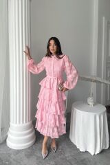 Şeker Pembesi Uzun Volanlı Elbise