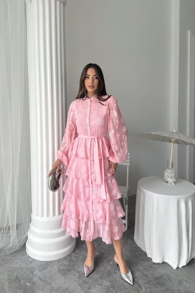 Şeker Pembesi Uzun Volanlı Elbise