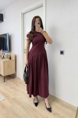 Asimetrik Düşük Yaka Kolsuz Uzun Elbise - Bordo