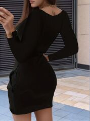 Kadın Uzun Kollu Yuvarlak Yaka Taşlı Kalp Desenli Viskon Iki Iplik Elbise