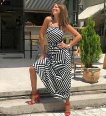 Kadın Ayarlanabilir Askılı Geometrik Desen Kuşaklı Gipeli Süprem Elbise