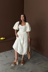 Ekru Balon Kollu Dantelli Brode Elbise