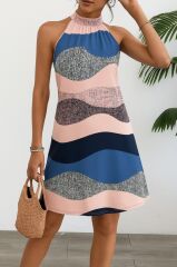 Kadın Kolsuz Boyundan Askılı Desenli Midi Süprem Elbise