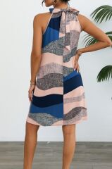 Kadın Kolsuz Boyundan Askılı Desenli Midi Süprem Elbise