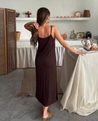 Kadın Siyah Asansör Askılı Çift Yırtmaçlı Helen Elbise