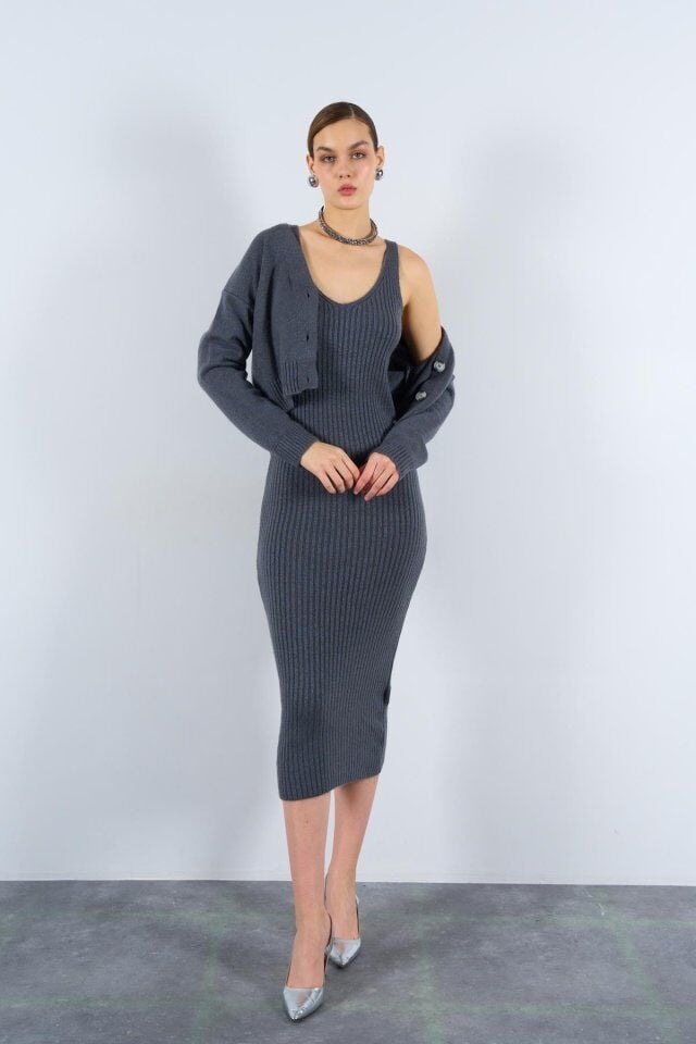 Fitilli Elbise Hırkalı Takım - Füme