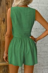 Kadın Kolsuz Askılı V Yakalı önden Düğmeli Ithal Keten Ceket Ve Short Ikili Takım