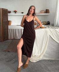 Kadın Siyah Asansör Askılı Çift Yırtmaçlı Helen Elbise