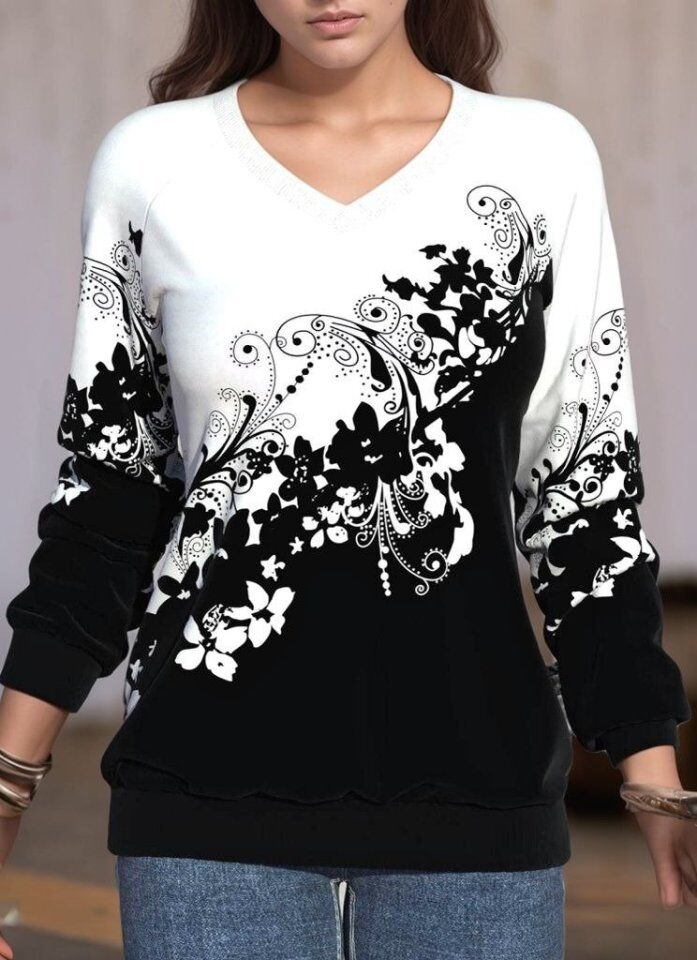 Kadın Uzun Kollu V Yakalı çiçek Baskılı şardonlu Dalgıç Bluz