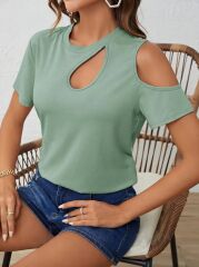 Kadın Kısa Kollu Tek Omuzu Açık Damla Detaylı Viskon Bluz