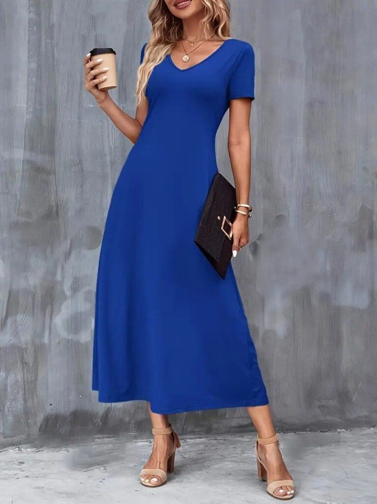 Kadın Kısa Kollu V Yakalı Cepli Viskon Elbise